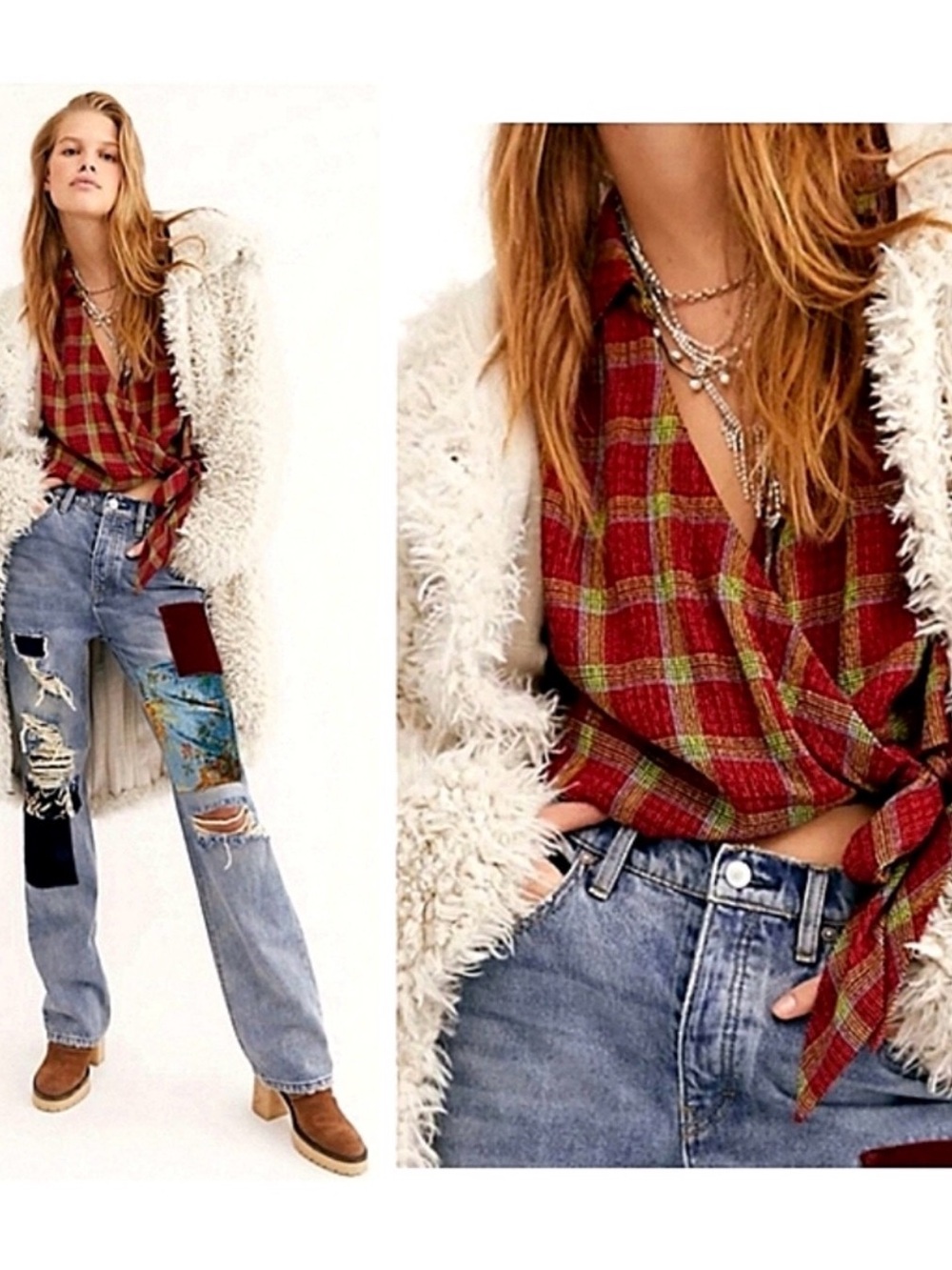 FREE PEOPLE We the Free Running Wild Red Plaid Wrap Shirt - Picture 2 of 11